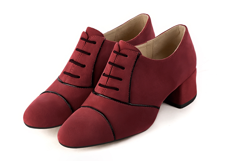 Burgundy red and gloss black women's essential lace-up shoes. Round toe. Low flare heels - Florence KOOIJMAN